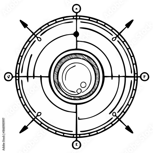 Hand drawn mystical compass symbol with arcane numerals and arrows for navigation or astrology