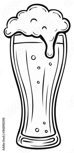 Line Art of a Tall Glass Filled with Beer and Overflowing Foam, Isolated on White