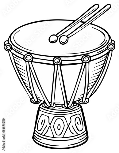 Hand drawn outline of a djembe drum with sticks isolated on a white background illustration