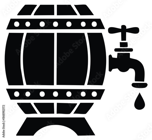 Simple black icon of a rustic wooden barrel with a tap pouring a single liquid drop