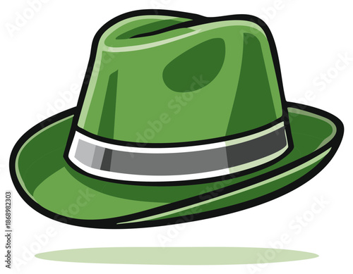 Cartoon Green Fedora Hat with Gray Band Fashionable Style Accessory Illustration