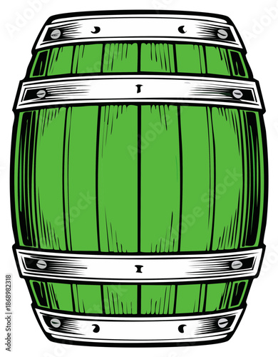 Green Wooden Barrel with Metal Bands Isolated Illustration