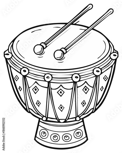 Ornate musical drum with drumsticks detailed black and white line art illustration for rhythm design