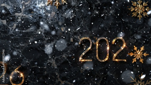 New Year Celebrations with Golden Numbers and Snowflakes on Dark Background