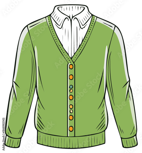 Illustration of a Casual Buttoned Cardigan Sweater with White Shirt Collar for Style and Fashion