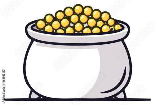 Cartoon style pot overflowing with golden coins, vector illustration of wealth and fortune, treasure, money