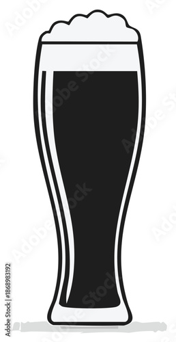 Full Beer Glass with Head, Black and White Vector Illustration