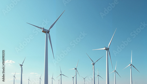 Wind turbines standing tall against a clear blue sky, harnessing wind energy