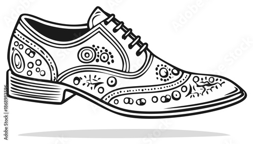Vector graphic illustration of a decorated classic men's shoe with laces in black and white, ornamented.