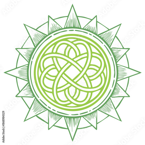 Green Celtic Knot Sun Compass Rose Circular Emblem With Radial Points Stylized Design