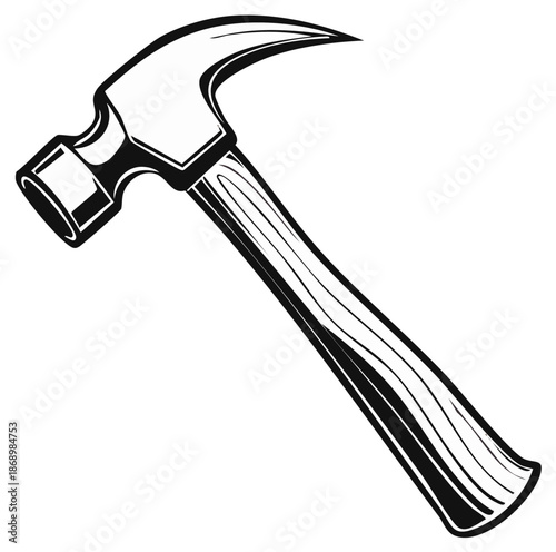 Illustration of a claw hammer carpentry tool with wooden handle for construction and repair