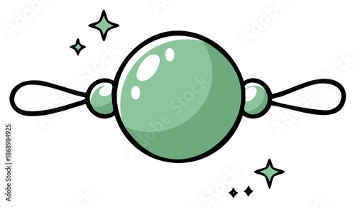 Vibrant green glossy orb with connecting side beads and loops, surrounded by magical sparkles in a vector cartoon style.