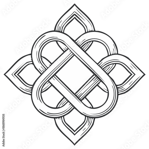 Black and white decorative endless knot symbol with interlaced infinity and heart shapes