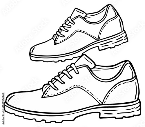 Hand drawn illustration of two oxford shoes in black and white outline style