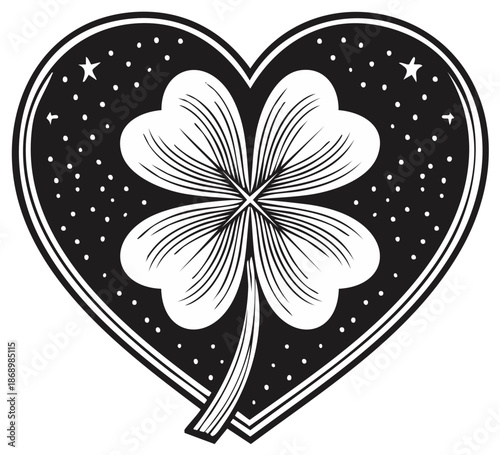 Stylized four-leaf clover icon with heart frame and night sky background illustration