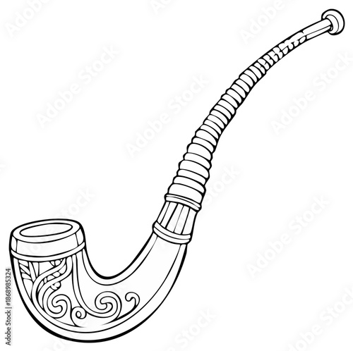 Elegant decorative curved smoking pipe line art drawing with ornate bowl and ribbed stem