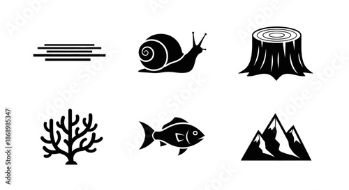 Snail, Coral, Fish, Tree Stump, and Mountains Design