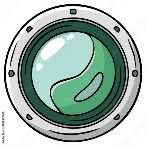 Stylized circular porthole graphic with swirling turquoise and green in window, retro, and futuristic design style, vessel or vehicle window.