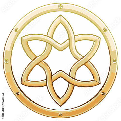 Golden Celtic Knot within Circle, Intricate Symbol, Geometric Pattern with Studs, Ornament