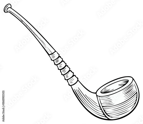 Hand drawn black and white illustration of a vintage long stem smoking pipe