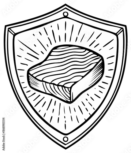 A hand drawn salmon fillet on a shield crest emblem, a black and white line art logo illustration
