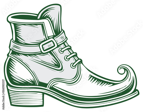Whimsical pointed elf boot with buckle and laces green and white illustration