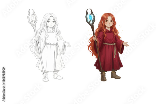 cute young mage apprentice character design with crystal staff for children fantasy storybook or game.