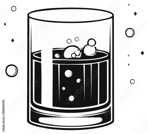 Glass of Fizzy Drink: Black and White Line Art Illustration of Bubbles in Liquid