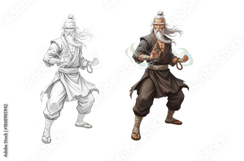 powerful old martial arts master character design with energy effects for fighting game character concept.