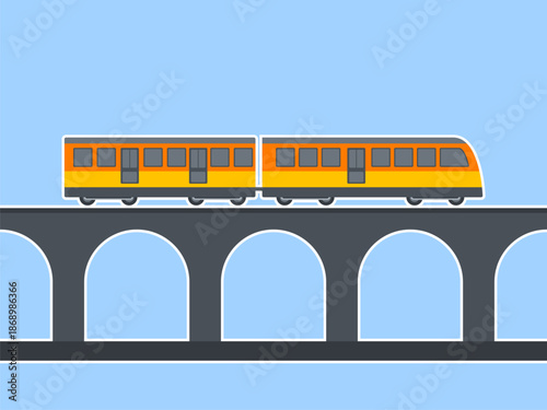 Illustration of a train with two carriages crossing an arch bridge spanning a body of water. Modern transportations illustration. Flat vector concept.