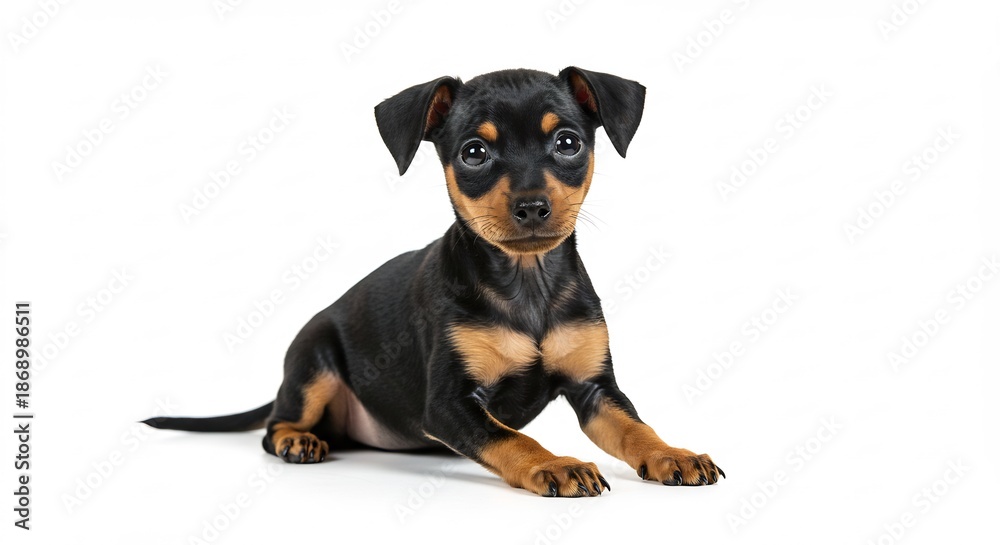 Obraz premium 真っ白なスタジオ背景にちょこんと座る黒とタンカラーの幼い子犬 均一で柔らかな光が被毛の艶を際立たせ澄んだ瞳の無垢な輝きを鮮やかに捉えた魅力的な一枚. AI Generated