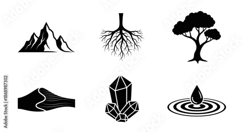 Mountains, Trees, Crystals, Water Drops, Roots, Landscape