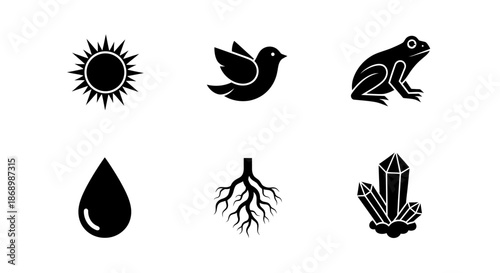 Sun, Bird, Frog, Water Drop, Root, Crystal - Graphic Elements