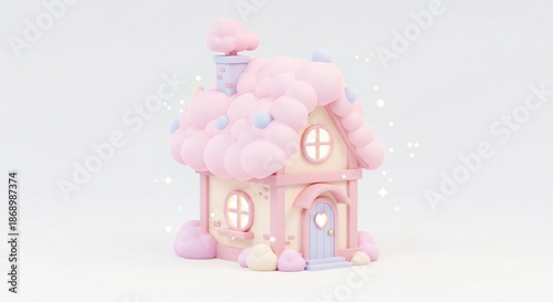 ふわふわの綿菓子のようなピンクの屋根が特徴的な可愛らしいお家 柔らかな光に包まれ窓から温かい光が漏れる幻想的な夢の世界を描く情景. AI Generated