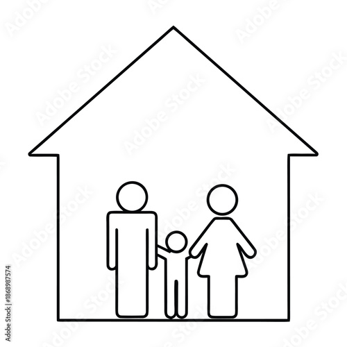 Simple black and white line art icon representing a nuclear family safely sheltered inside a house outline