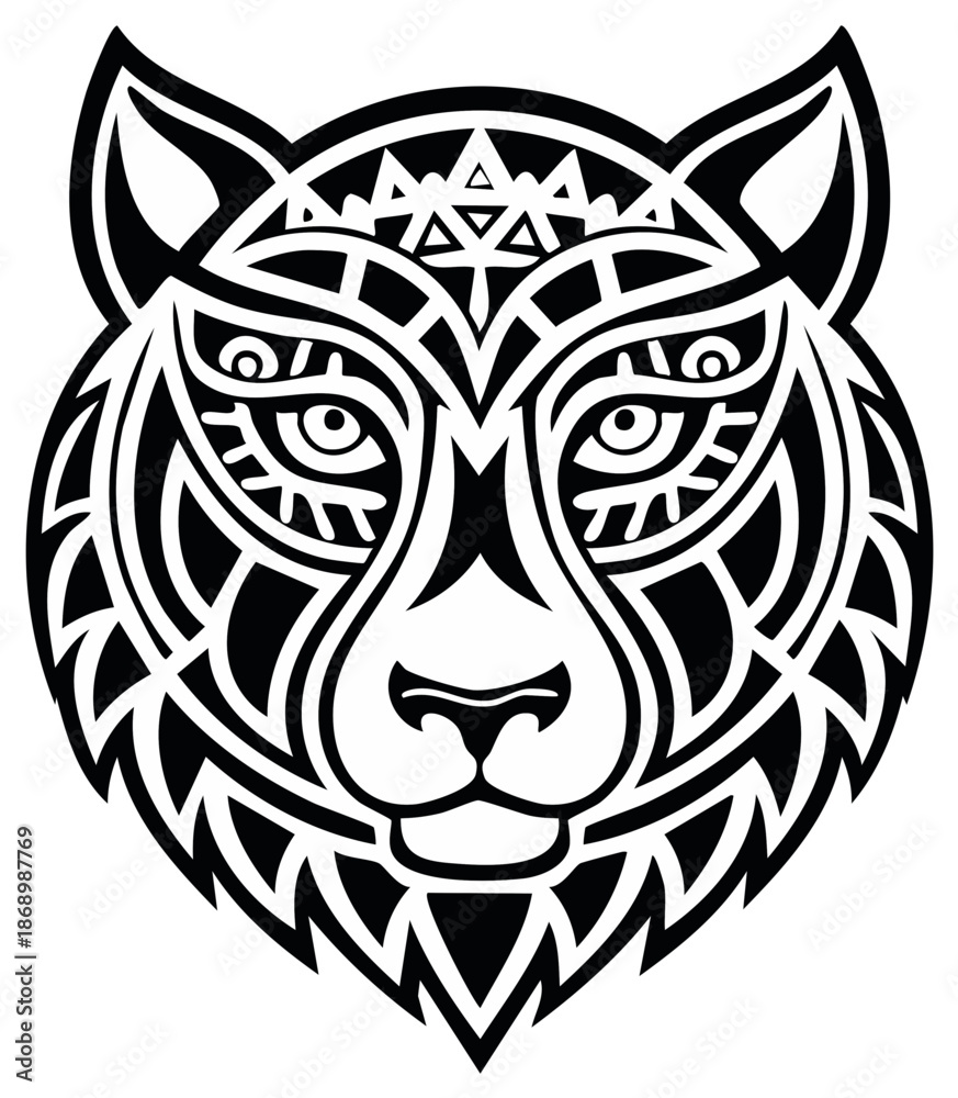 Fototapeta premium Intricate tribal wolf head illustration with geometric patterns and bold black lines