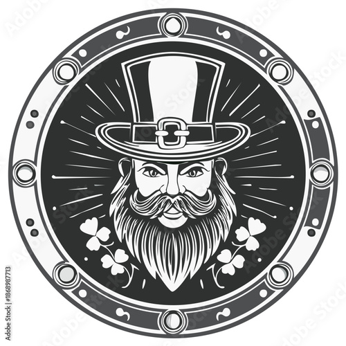 Monochrome illustration of a dapper bearded man in a top hat surrounded by shamrocks and decorative circular emblem