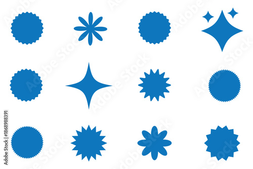 Set of yellow star burst shape tags for price. Circle sticker. Wavy edge promo badges. Blank sale stickers collection. Star vector icons