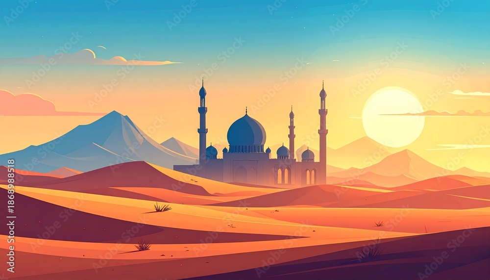 Obraz premium Minimalist Desert Landscape with Mosque at Sunset
