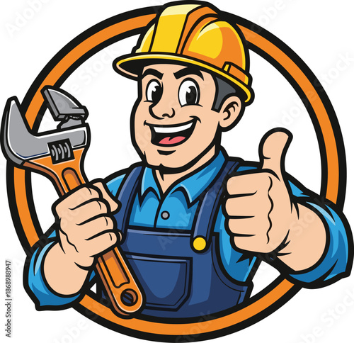 Cartoon handyman mascot wearing yellow hard hat and blue overalls holding an adjustable wrench and giving a thumbs up sign.