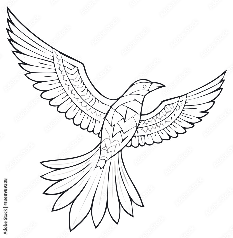 Obraz premium Stylized Outline Bird in Flight With Intricate Wing and Tail Feathers