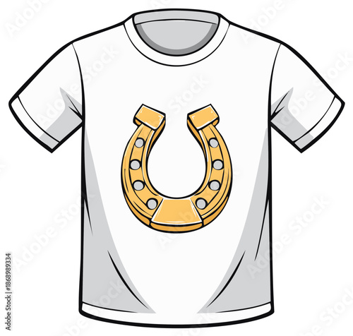 Graphic Tee with Golden Horseshoe Design for Good Luck, Protective Amulet Fashion Item, Cotton Shirt