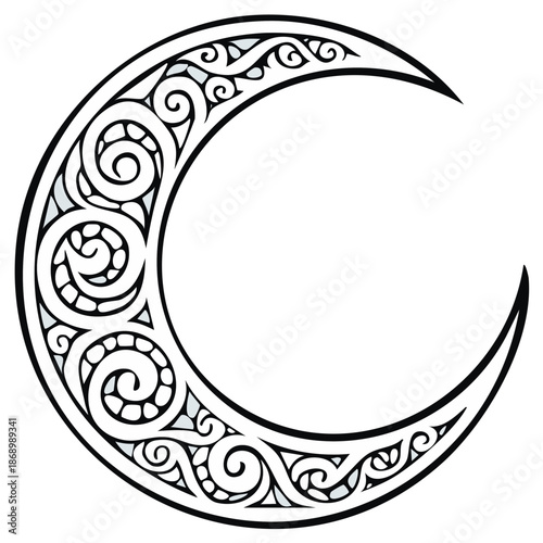 Ornate Crescent Moon Vector Graphic with Intricate Swirls and Geometric Accents