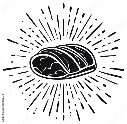 Stylized raw meat cut with energetic radial sunburst, black and white vector graphic
