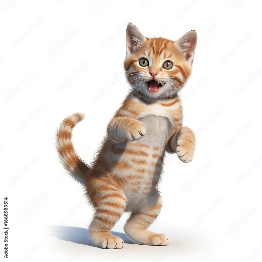 Obraz premium Playful ginger tabby kitten standing on hind legs on white background cute young orange cat with paws up looking excited