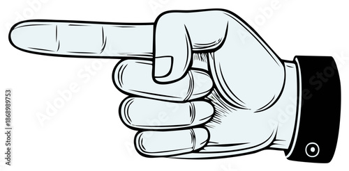 Hand pointing left in a clear illustrative style with visible fingers and a cuff
