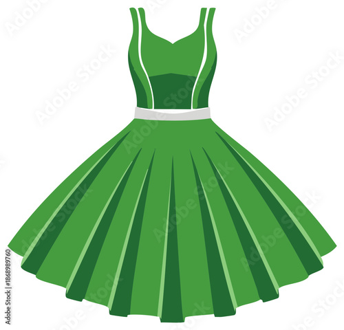 Green sleeveless dress with A-line pleated skirt, white belt and straps for fashion design or apparel product visual
