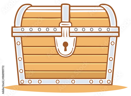 Vintage cartoon wooden treasure chest with metal accents and lock