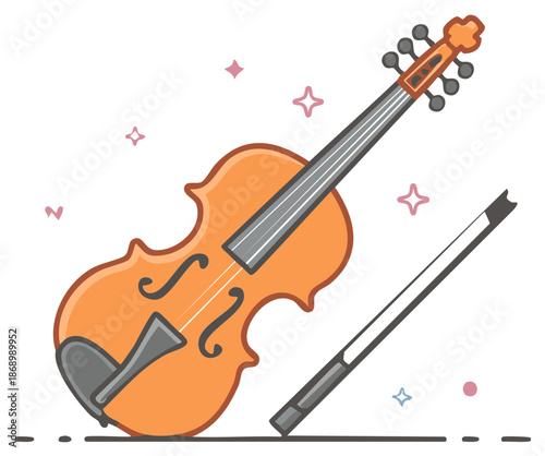 Stylized Illustration of Violin and Bow with Sparkle Accents Musical Instrument
