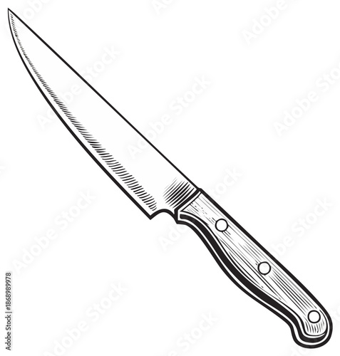 Sharp kitchen knife with wooden handle, detailed drawing, culinary tool, cooking utensil, sharp blade